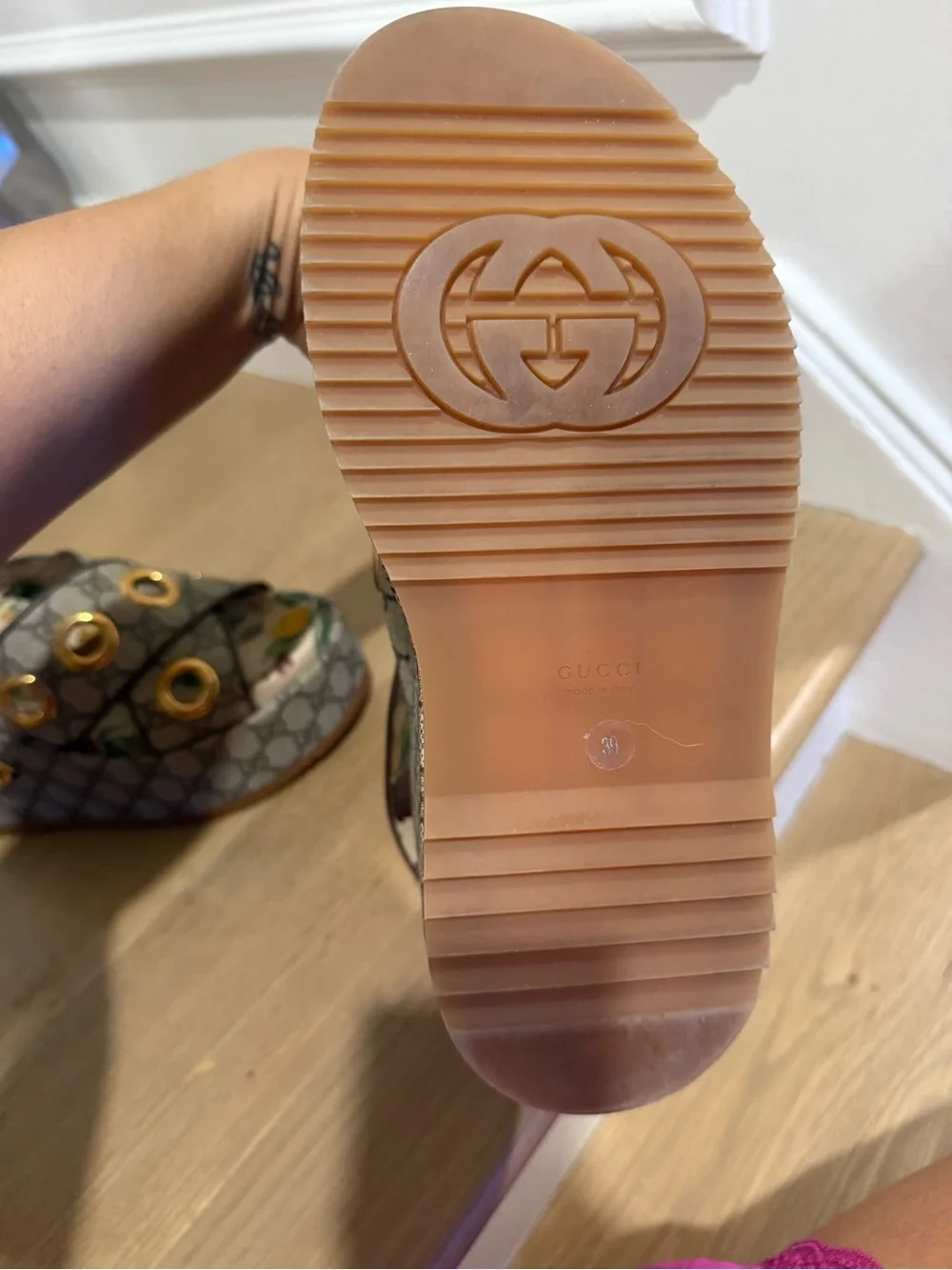 Gucci Beige Monogram Platform Sandals with Gold Grommets